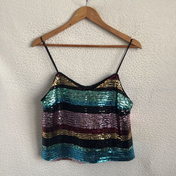 Wayf Tops - Wayf Sequin Tank Top Womens Small Black Pink‎